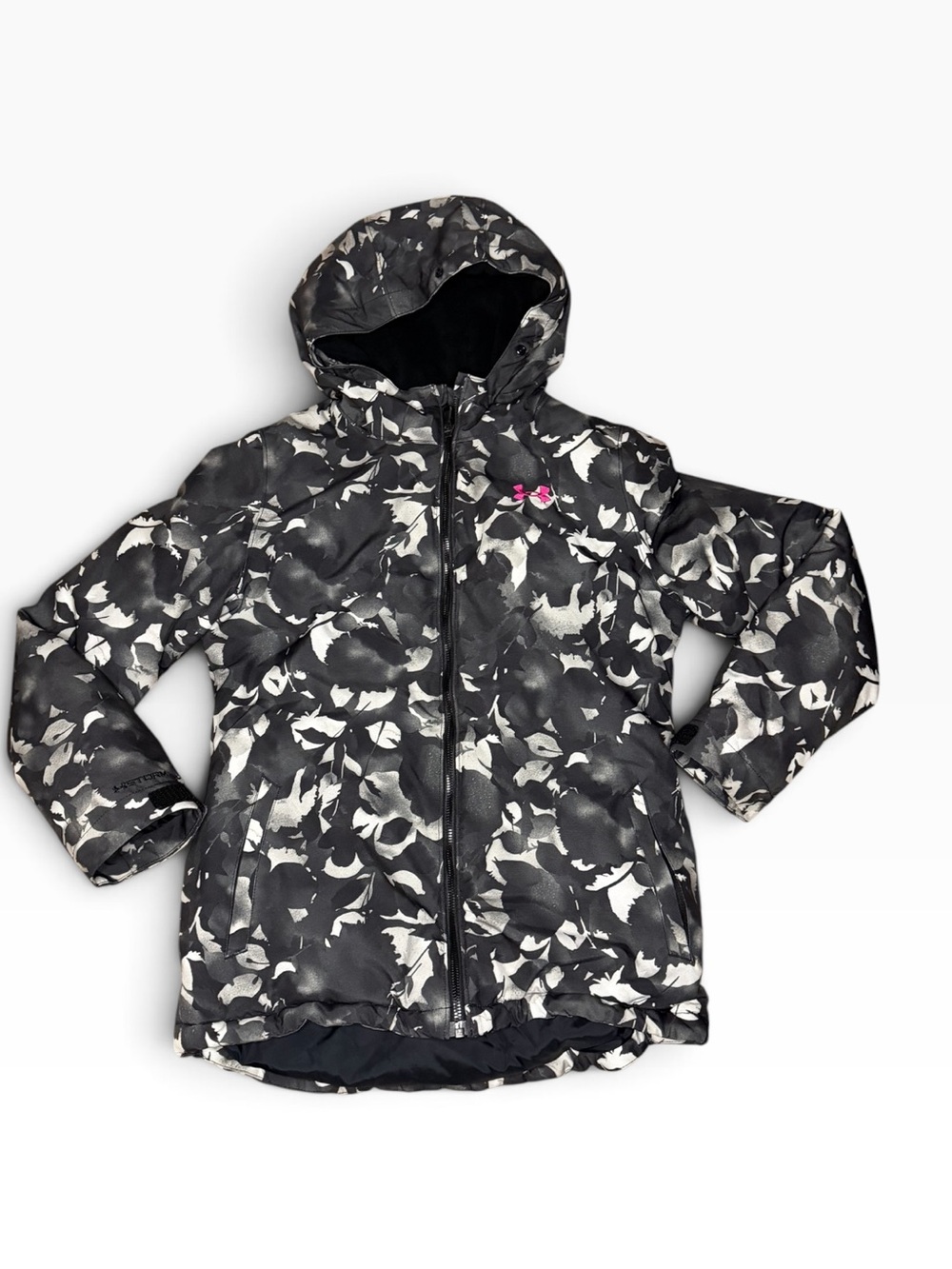 Under Armour Hooded Black & White Floral Camo Hooded Storm Jacket-Girls Large
